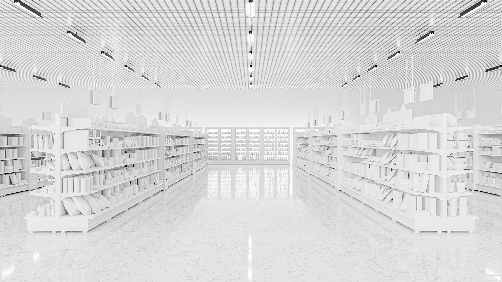 3D Rendering. Store interior supermarket with shelf shelves.
