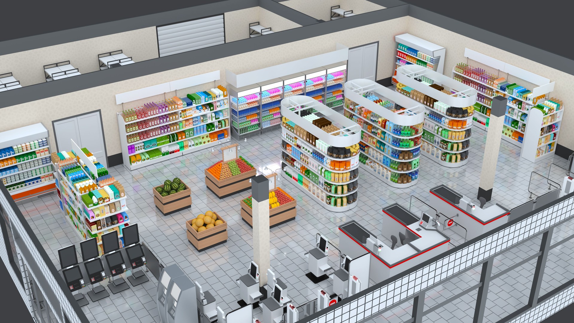 Store interior isometric composition, multi-colored packaging